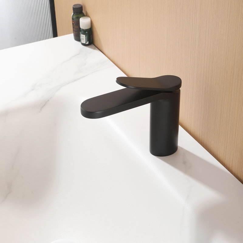 5.7" Solid Brass Single Handle Single Hole Bathroom Sink Faucet With Drain Assembly, Matte Black, Drain Assembly Included