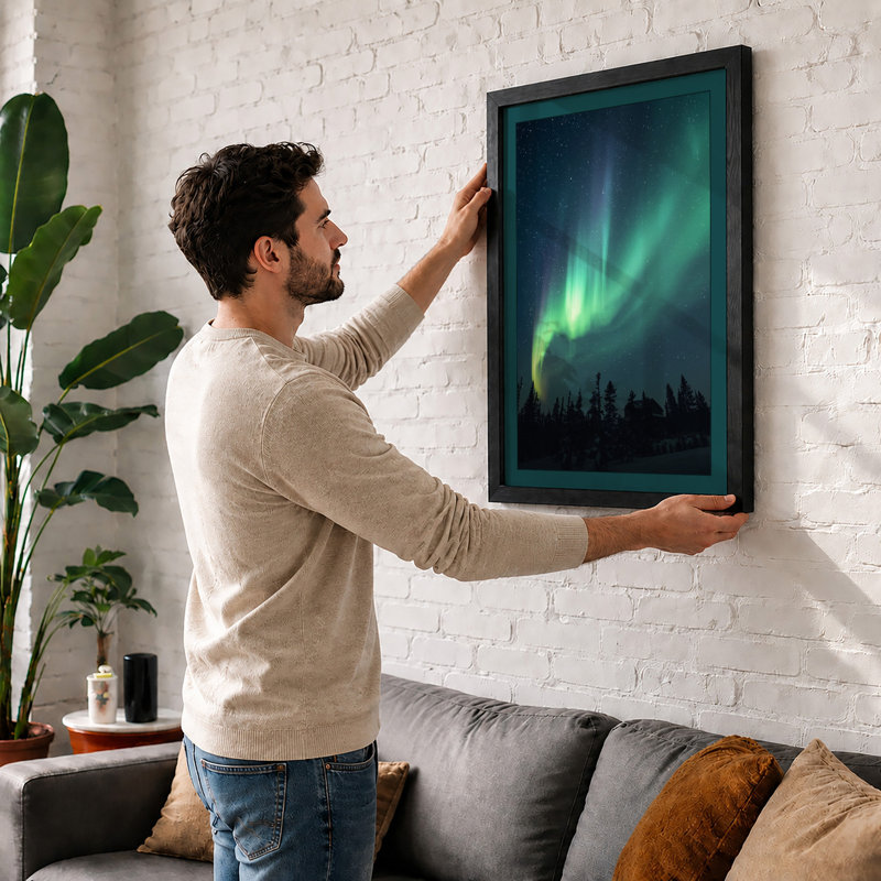 Aurora Over Silent Forest Scandinavian - Framed Print, A1 - 84.1 x 59.4 cm, Walnut