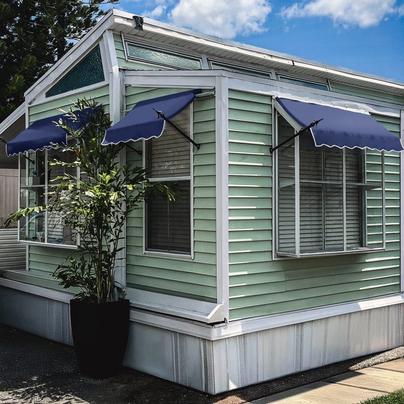 Awntech New Orleans Acrylic Fabric Fixed Awning with Iron Spear Arms, 24" H x 64.5" W x 16" D, Navy