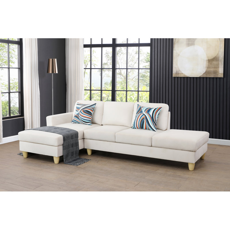 Ensemble de canapé modulaire en tissu pelucheux beige, canapé de salon en L avec méridienne faisant face à la droite / à gauche, gris clair / blanc