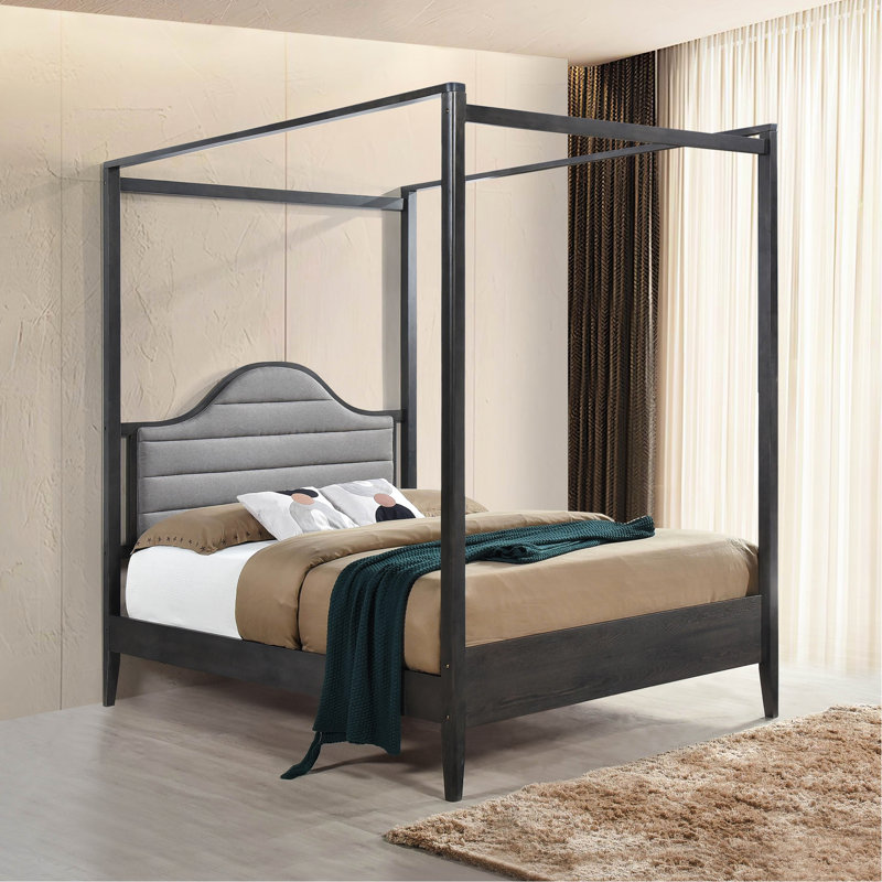 Lit double à baldaquin avec tête de lit en bois rembourrée, meubles de chambre à coucher en bois préférés, finition brun