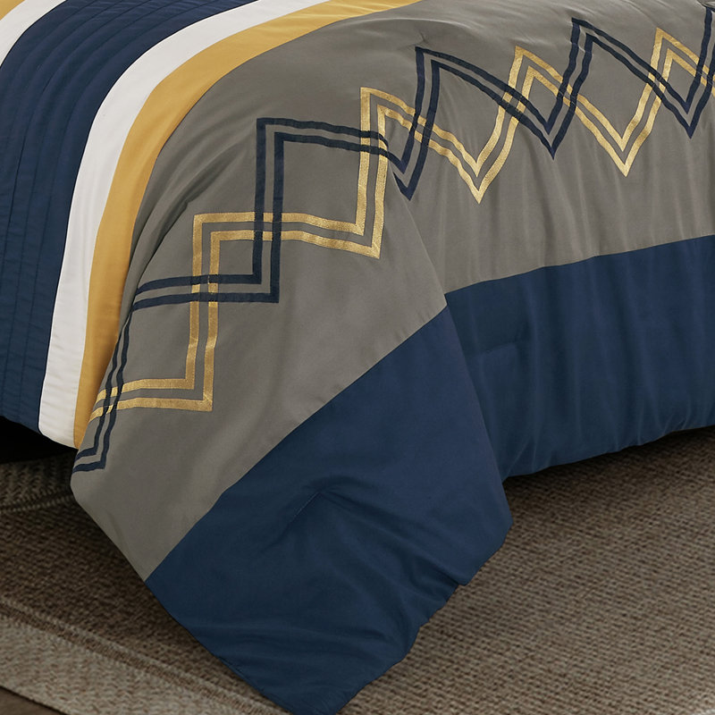 7-Piece Modern Pleated Stripe Embroidered Comforter Set with Sheets, Navy/Gray/Yellow, Queen Comforter + 6 Additional Pieces