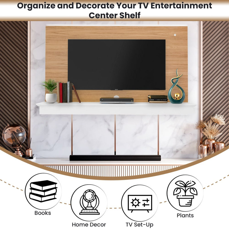 Dymphia Floating Entertainment Center for TVs up to 55 inch, TV Wall Panel with LED Strip and Shelf, Natural/White