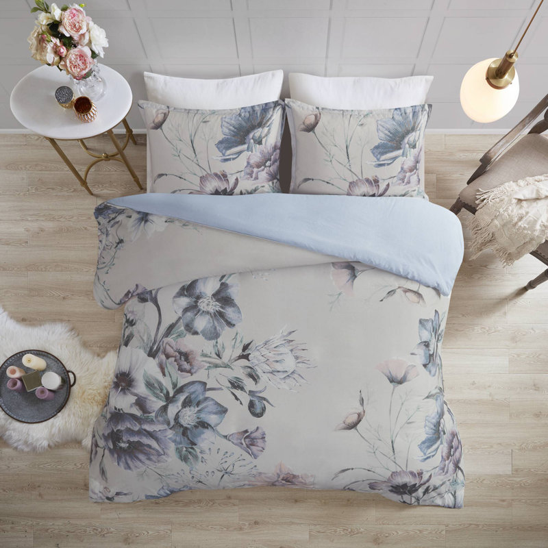 Maddy Blue Floral Cotton King/Cal King Duvet Cover Set