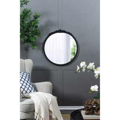 Cadre de miroir décoratif rose à la main 30 po x 30 po, noir, pour espace de vie, cadre mural rond d'entrée antique avec sculpture faite à la main, salle de bain