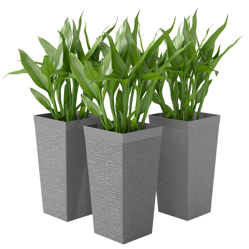 Ensemble de 3 pots de fleurs empilables en PP, pots de fleurs en faux pierre avec roues et trous de drainage, Gray