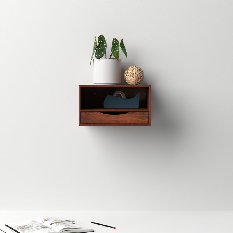 Adeana Poplar Floating Shelf with Drawer, Dark Walnut