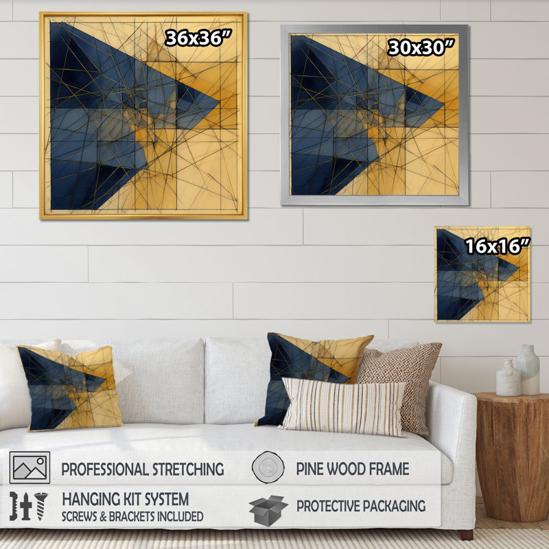 «Minimalist Blue and Gold I», reproduction d'art sur toile, H 44 po x l 34 po x P 1,5 po, Cadre doré à une seule photo