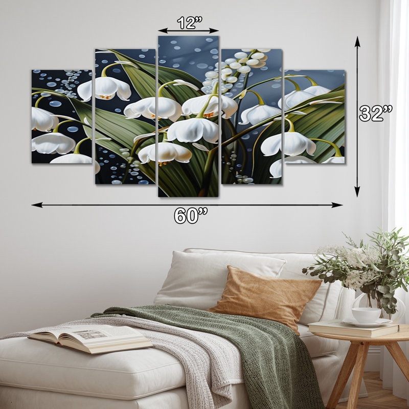  «White Graceful Snowdrops Flowers I - Floral, reproduction d'art murale - 5 panneaux