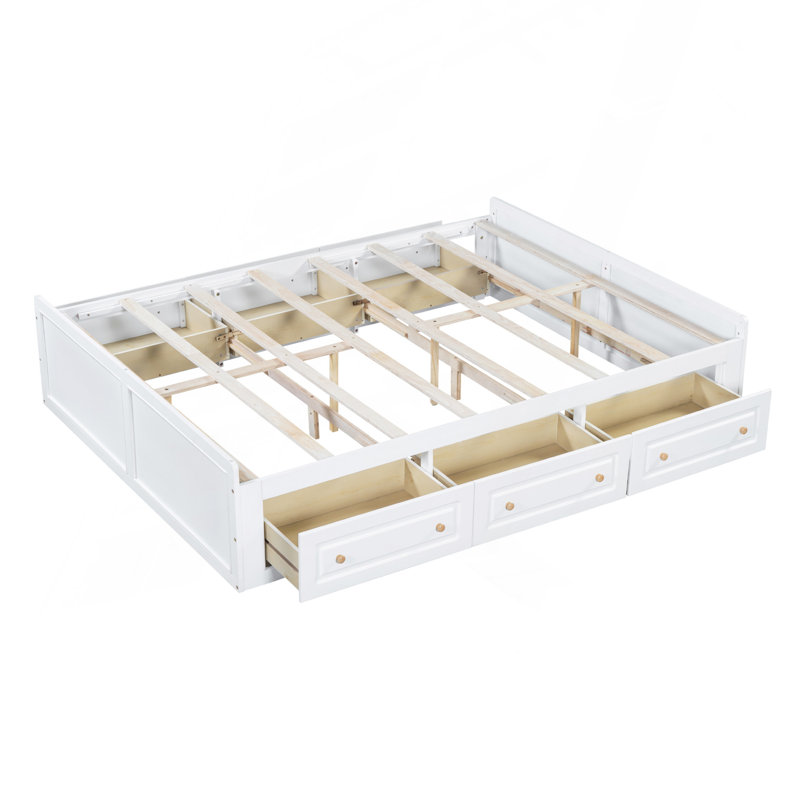 Structure de lit plateforme en bois avec 6 tiroirs, Blanc
