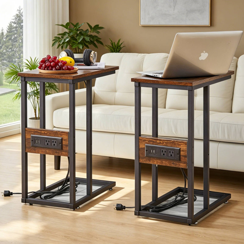 C End Table With USB And Built-In Outlets Sofa Table with Charging Station for Living Room, Brown Top/Black Base