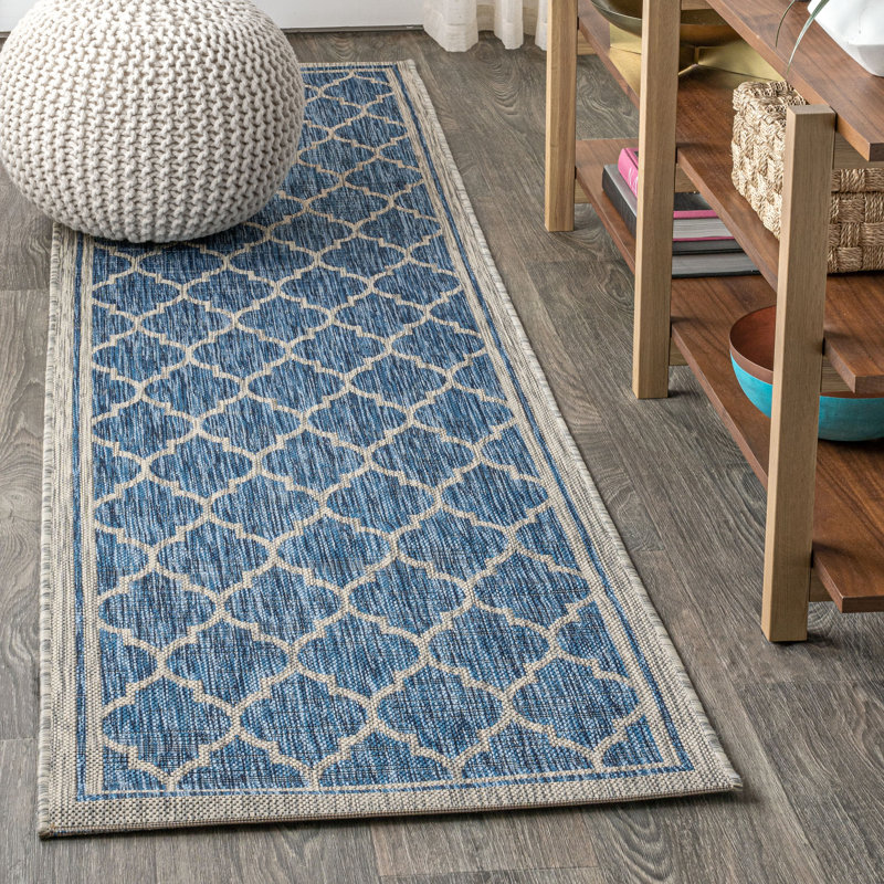 Hague Moroccan Trellis Textured Weave Navy/Gray Indoor/Outdoor Rug, Runner 2'2" x 10'