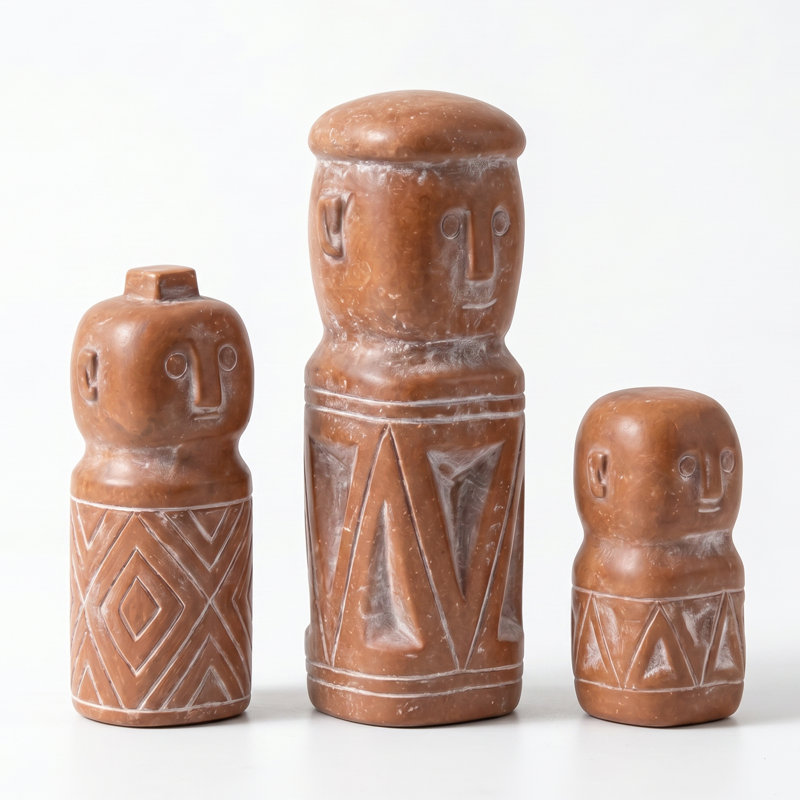 Terracotta Statue Set of 3, Geometric Face PVC Figurines with Etched Tribal Patterns