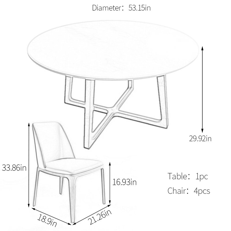 Round sintered stone solid wood dining table set, 29.92"H x 53.15"L x 53.15"W