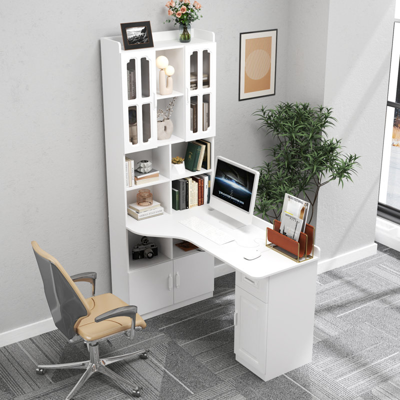 L-Shaped Computer Desk with Bookshelf , 76" Height Executive Desk with Hutch for Living Room and Office, White