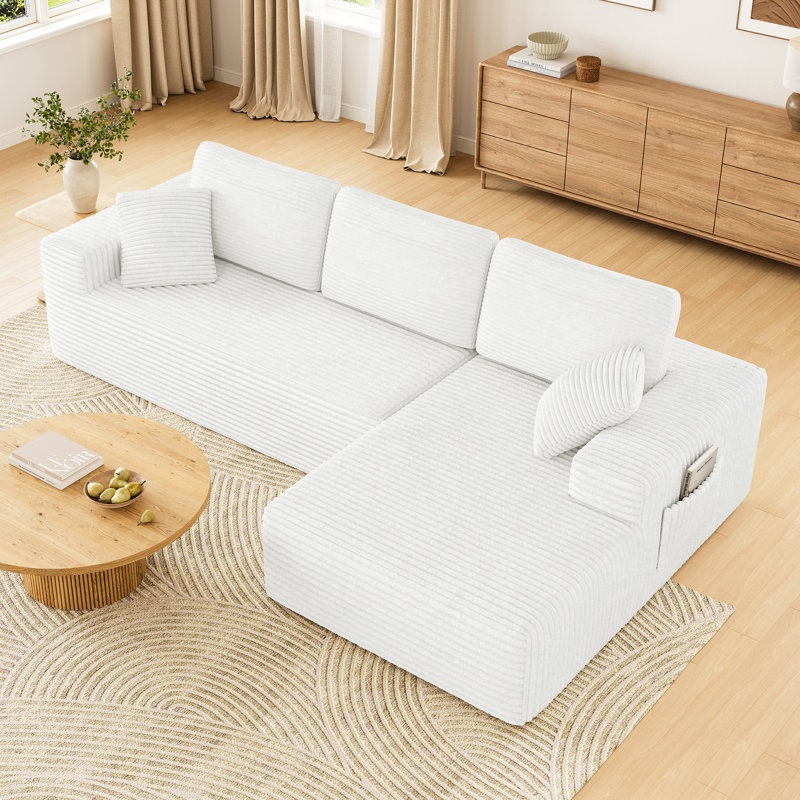 Canapé moderne modulaire en velours côtelé de 108 pouces avec design en forme de L, Velours côtelé blanc