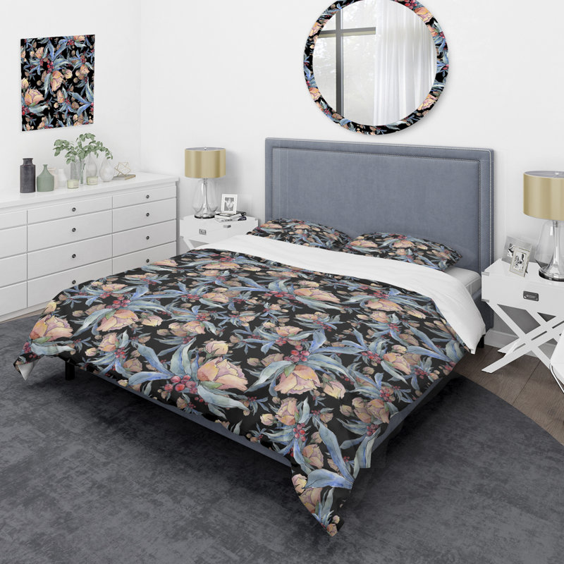 Ensemble de housse de couette Blue Bouquet, Housse de couette pour grand lit et 2 taies décor