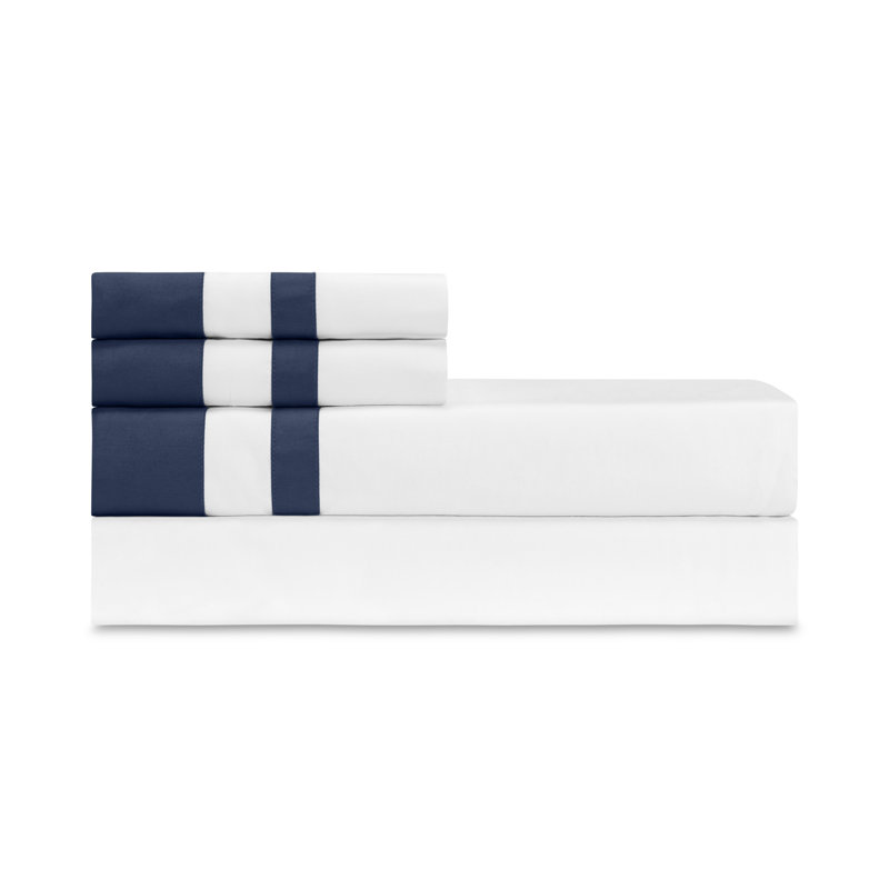 Savoy Sateen Sheet Set, White/Navy Blue, Twin Sheet Set + 2 Pillowcases