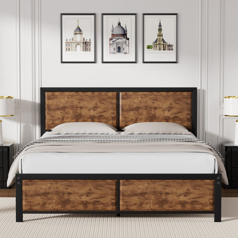 Structure de lit Kempst en métal brun avec tête et pied de lit en bois, lit plateforme rustique avec support à lattes en acier robuste, aucun sommier requis