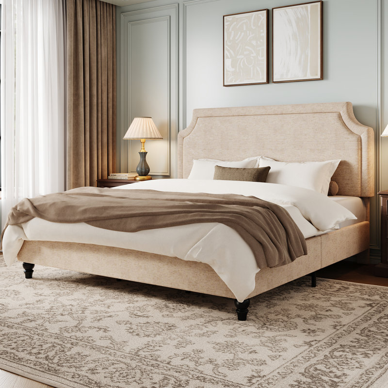 Modern Chenille Upholstered Bed With Adjustable Headboard & Solid Wood Legs — King, Beige