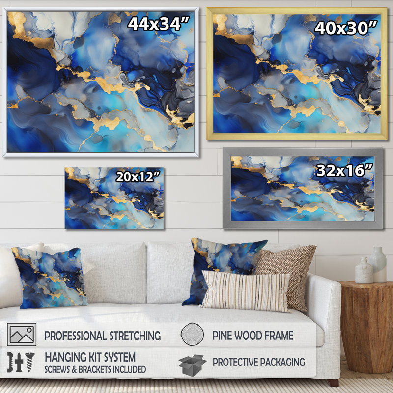 Décoration murale abstraite bleue et dorée de luxe VI - Fractales, H 12 po x l 20 po x P 1 po, Toile tendue