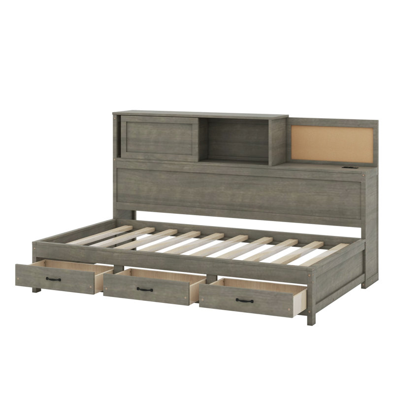 Daybed With 3 Storage Drawers, Upper Soft Board, Shelf, And A Set Of Sockets And USB Ports, Gray