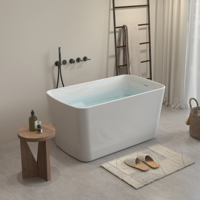 49 inch Acrylic Freestanding Japanese Soaking Bathtub, Square Sit-In Tub with Chrome Drain & Overflow, Glossy White, cUPC Certified