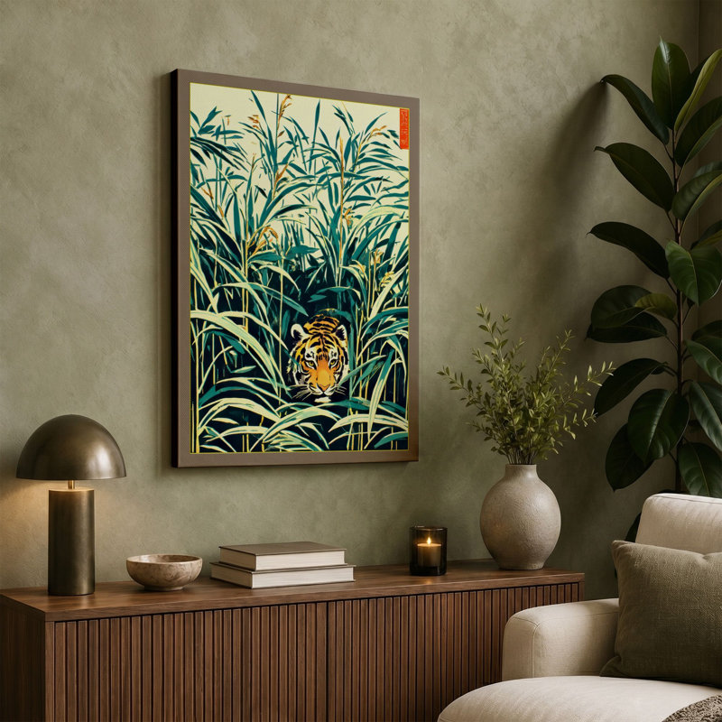 Tiger In Tall Grass Botanical - Print, 24x16 - 61.0 x 40.6 cm, Sage Border