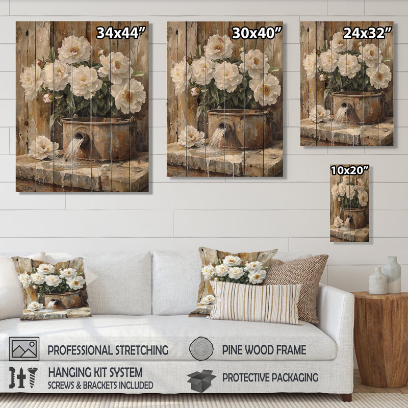 Peonies By The Watering Trough I - Peonies Wood Wall Art - On Natural Pine Wood, 40" H x 30" W x 0.78" D
