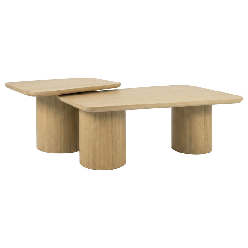 Ensemble de deux tables basses gigognes Lester à piédestal arrondi, couleur chêne miel