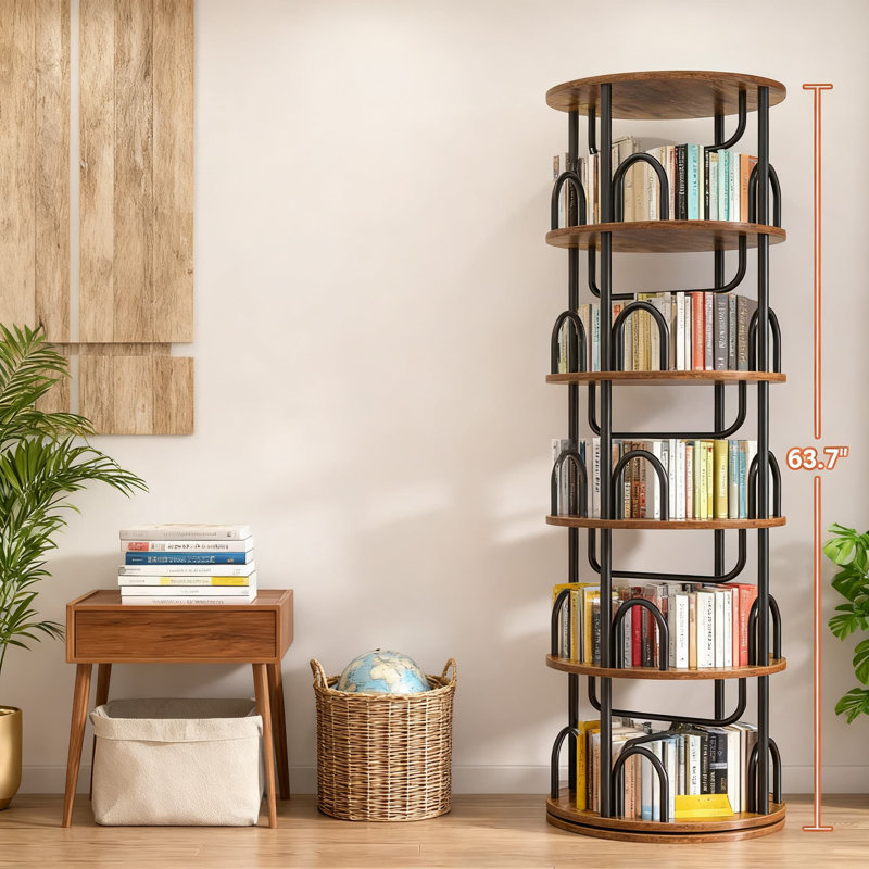 Tour de bibliothèque à 5 niveaux pivotant, bibliothèque rotative à 360 degrés avec conception ronde peu encombrante, organisateur de coin vertical pour livres, jouets et décoration intérieure