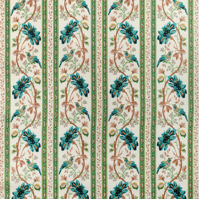 Le Jardin Chinois Le Lac Border 100% Linen Fabric, Aqua/Green