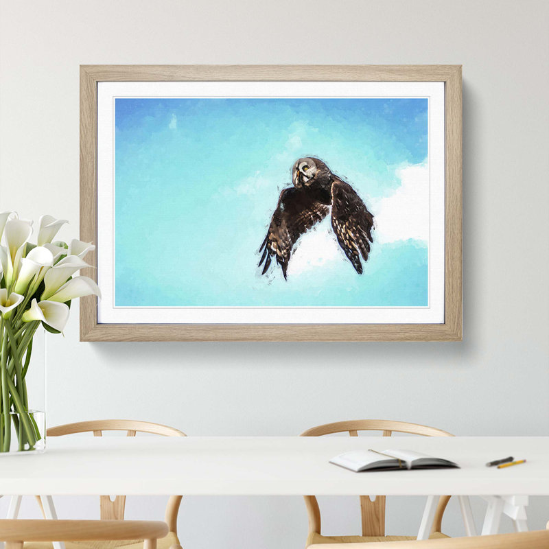 Flying Great Grey Owl in Abstract - Framed Print, 35cm H x 50cm W x 2cm D, Oak