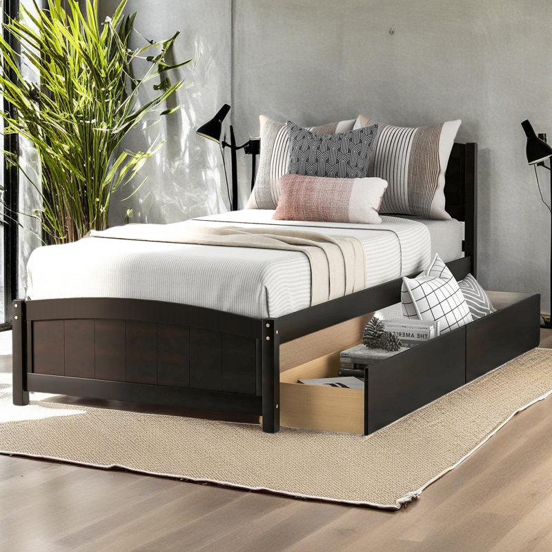 Lit plateforme simple avec deux tiroirs, Espresso