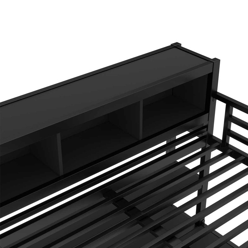 Metal Loft Bed With Wardrobe And L-Shaped Desk, Loft Bed With Storage Cubes For Kids Teens Adults, Black, Queen