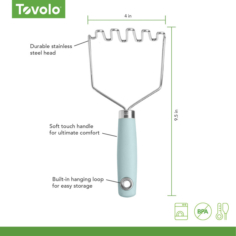 Masher en acier inoxydable Tovolo Elements - Outil parfait pour écraser les pommes de terre, l'avocat, les légumes et plus encore! Poignée confortable, boucle de suspension pour un rangement pratique, lavable au lave-vaisselle, brume bleue