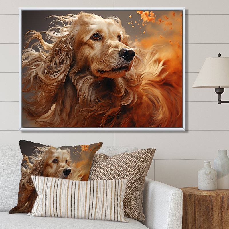 Chien, chien afghan, air sur toile, Cadre flottant blanc, H 12 po x l 20 po