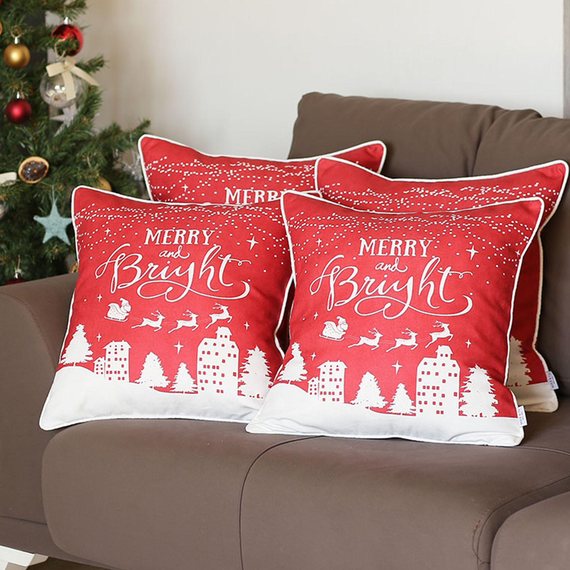 Mike&Co. New York Christmas Themed Decorative Throw Pillow Set of 4 Square 18 x 18 White & Green for Couch, Bedding - White