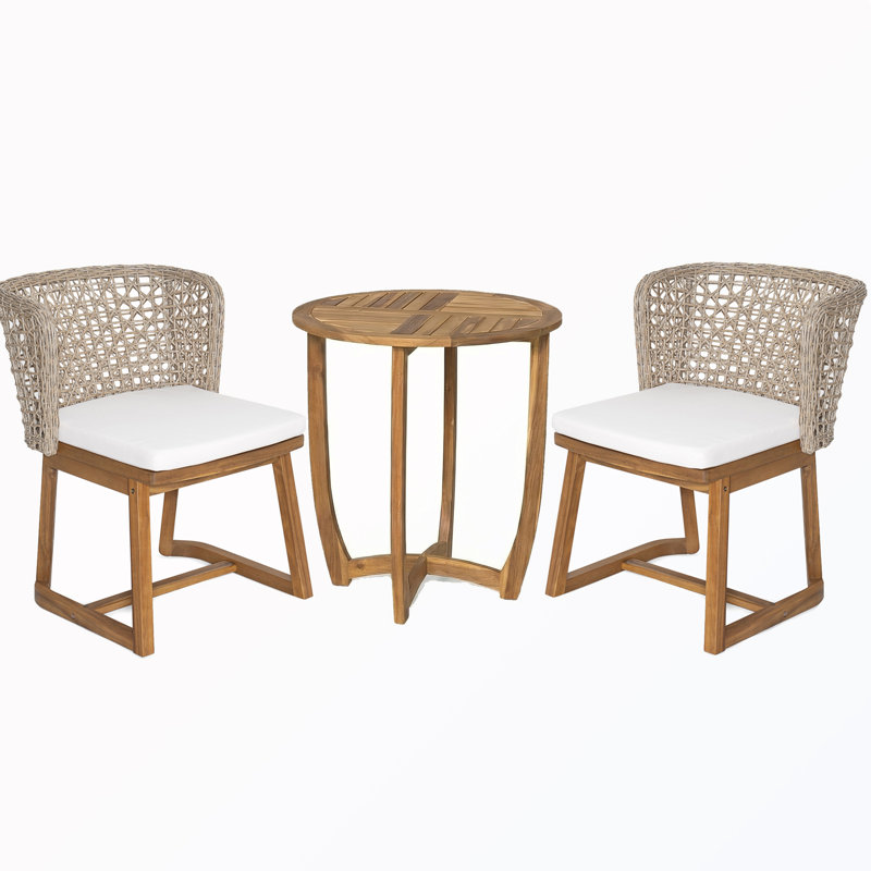Ensemble de salle à manger 3 pièces avec table et 2 chaises à dossier en osier avec coussin