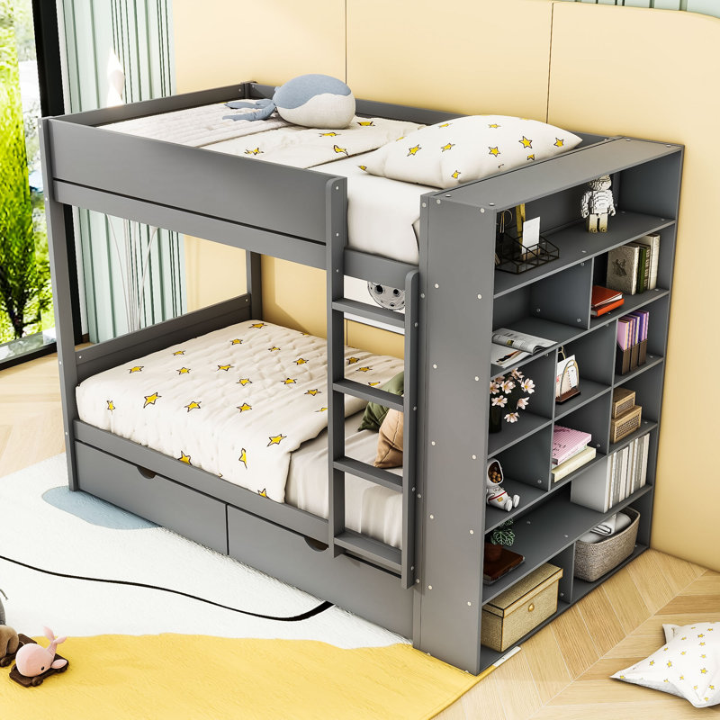 Lit superposé en bois Huesman avec deux tiroirs de rangement et tablettes multicouches, Lit superposé simple sur simple, Gris