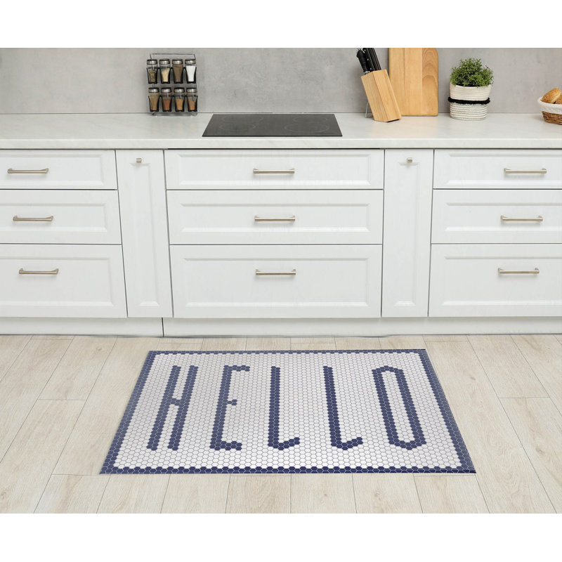 Tapis de cuisine Penny Tile Hello, Rectangulaire 3 pi x 5 pi, Marine