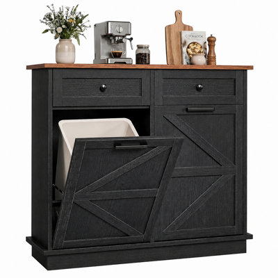 Double Tilt Out Trash Can Cabinet, Garbage Can Cabinet for Kitchen with 2 Storage Drawer, Free Standing Recycling Cabinet, Odor Proof Dog Proof Trash Bin Cabinet for Laundry, Balcony, Living Room