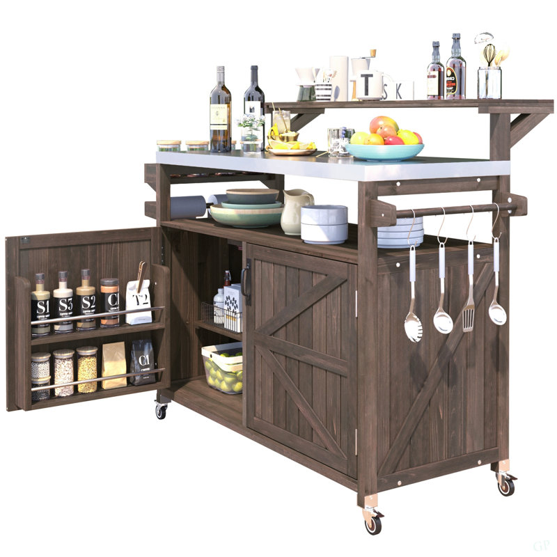 53.3" Outdoor Kitchen Island With Raised Shelf, Solid Wood Storage Cabinet With Stainless Steel Top, Outdoor Rolling Grill Cart With Internal Storage Rack, Adjustable Shelf, Spice Rack