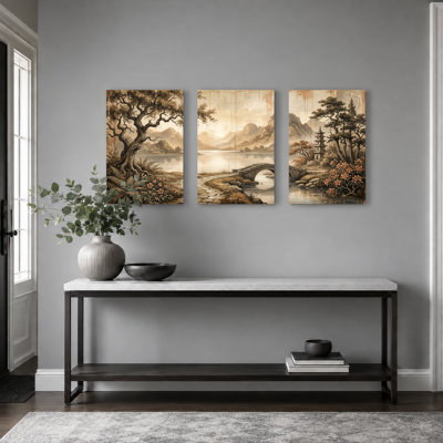 Chinese Landscape Art Canvas Wrapped Wall Art Oil Painting Print Set Of 3 For Living Room Bedroom Home Decor