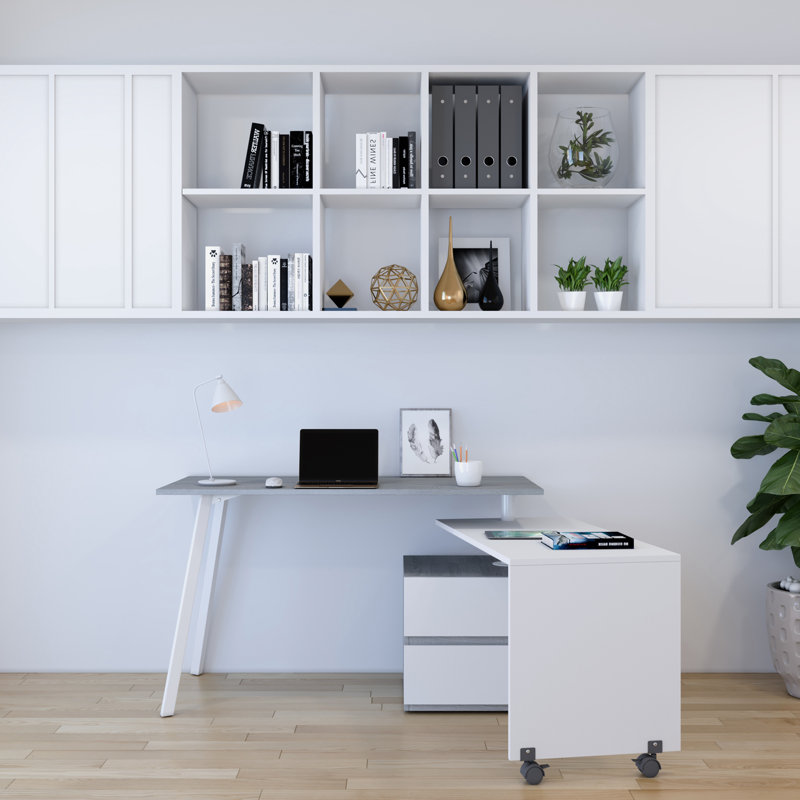 Grey and White Corner Computer Desk with Drawer and Keyboard Tray