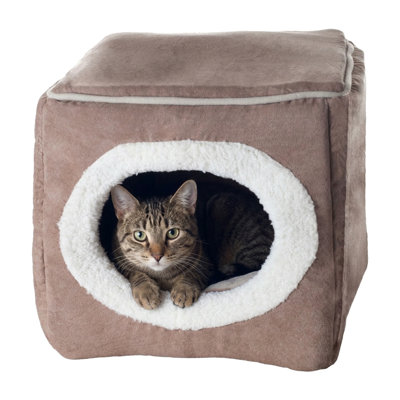 Maison pour chat PETMAKER - Lit d'intérieur avec coussin en mousse amovible - Tente pour chiots, lapins, cochons d'Inde, hérissons et autres petits animaux - brun clair