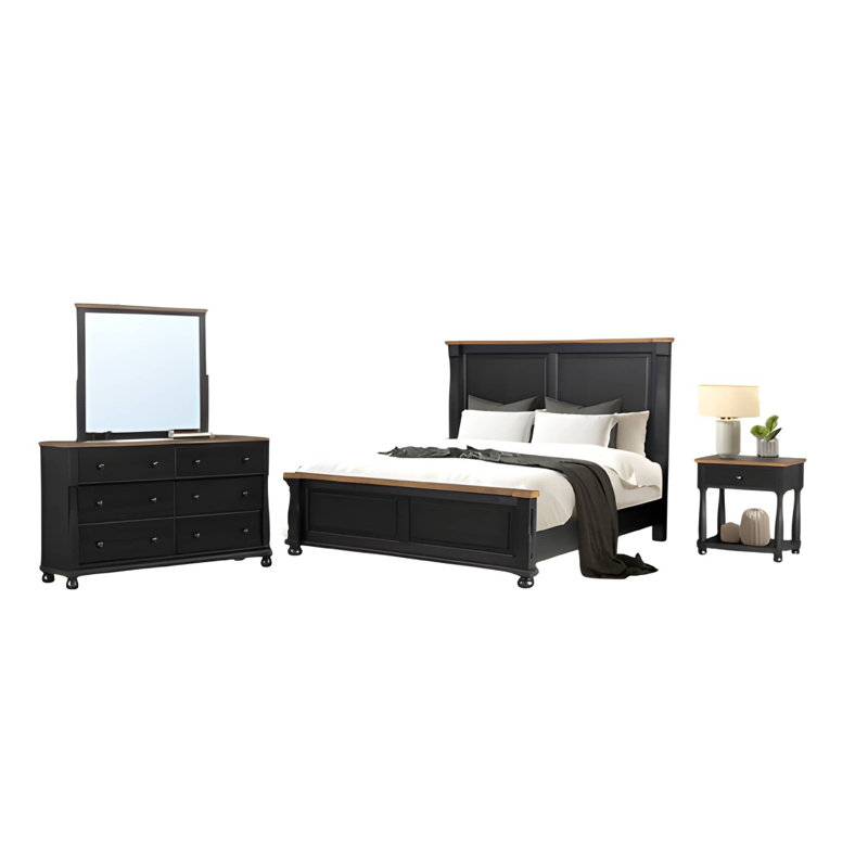 Ensemble de chambre avec grand lit 4 pièces Ginie, table de chevet USB, miroir, bois brun noir