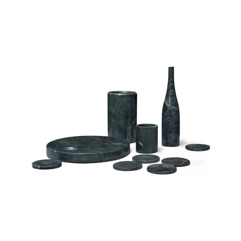 Ensemble de décoration de salle à manger en marbre naturel de qualité supérieure (10 pièces) - marbre véritable véritable avec refroidisseur à vin, 6 sous-verres, plateau, contenant de rangement et ornement de vase