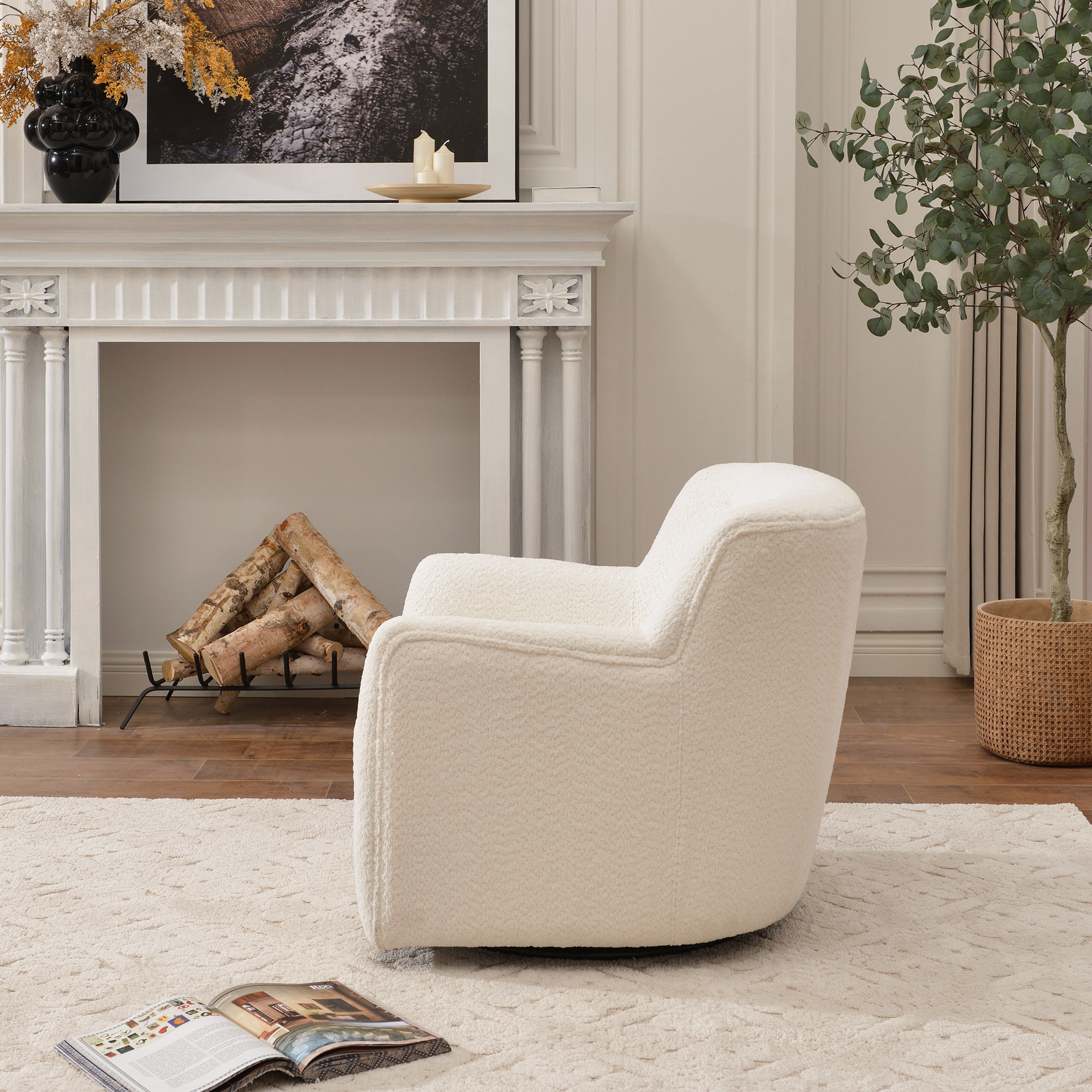 Fae Chenille Upholstered Swivel Armchair, Snow Textured Chenille