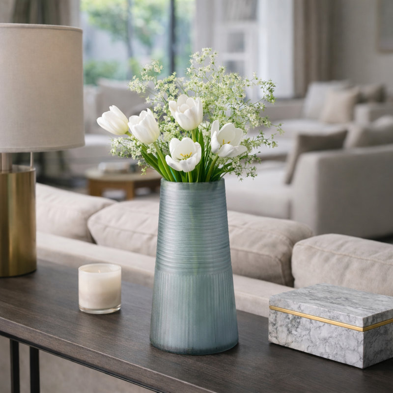 Modern Glass Table Vase With Textured Lines For Home Decor Accent - Stylish Flower Vase & Decorative Tall Vase Centerpiece - 12", Blue